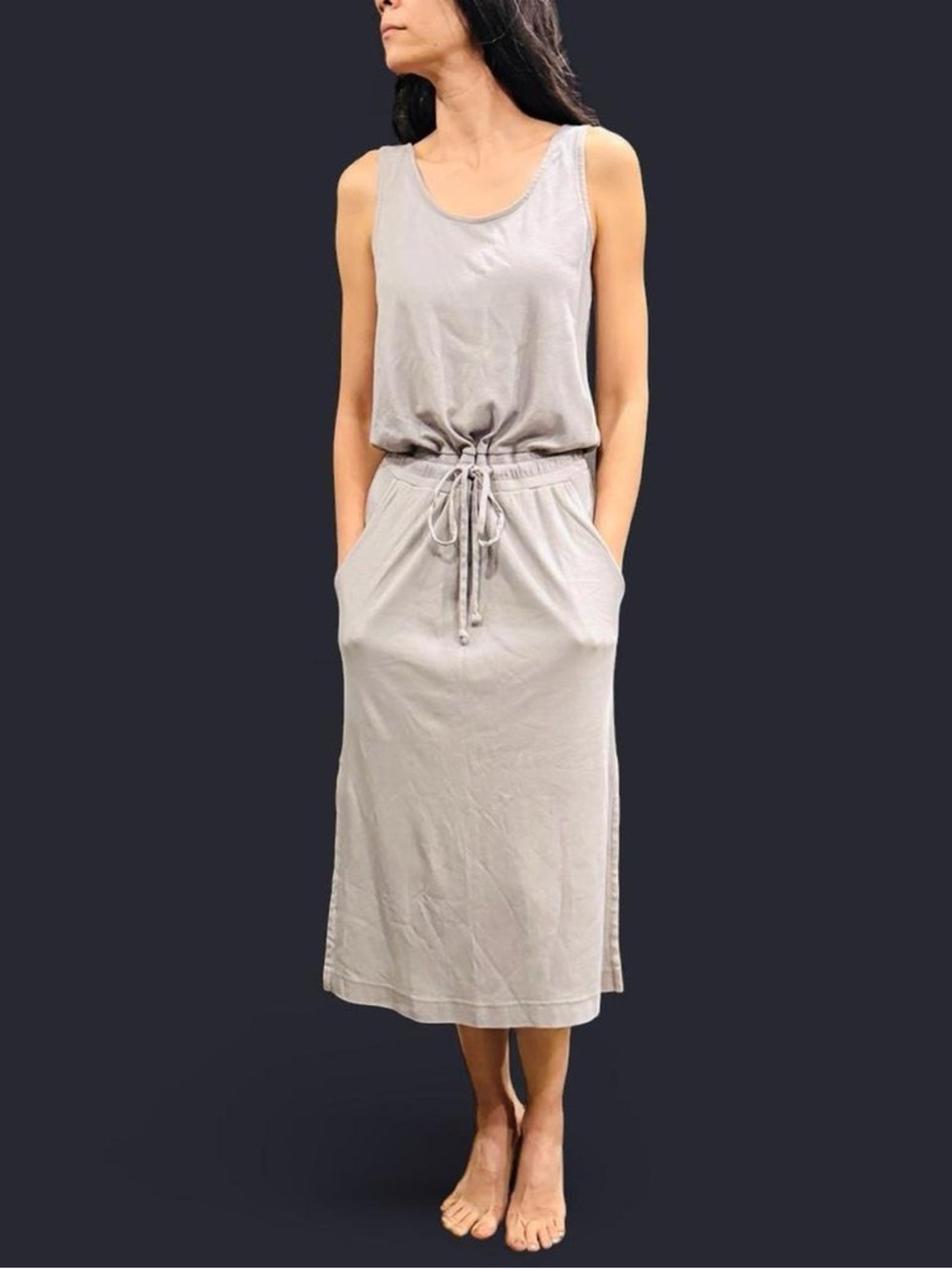 Organic Cotton Interlock Cotton Drawstring Waist Midi Sleeveless Dress XS